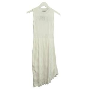 NWT Bebe White Bodycon Scalloped Neckline Mesh Ruffled Diagonal Bottom Dress XS